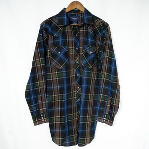 Williams Bay Blue & Brown Plaid Western Shirt Size Men's L Tall
